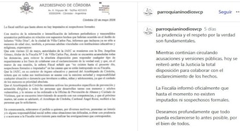 Documento oficial del Arzobispado de Córdoba junto a una publicación de Instagram de 'parroquianinodiosvcp' con texto relacionado a un comunicado