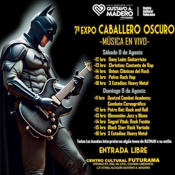 Una persona disfrazada de Batman con traje oscuro toca una guitarra eléctrica. El cartel negro tiene texto amarillo sobre un evento de música en vivo y fechas