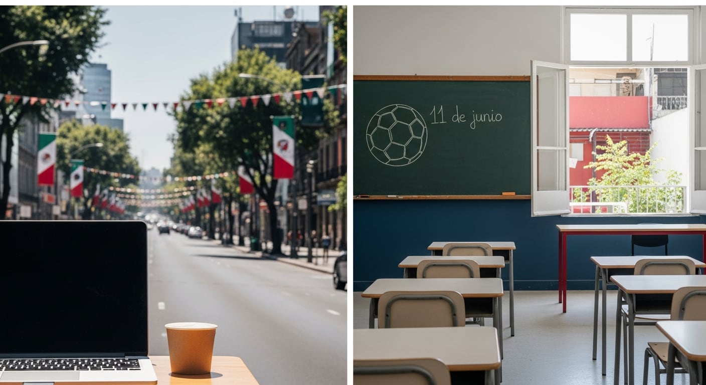 La imagen ilustra cómo la Ciudad de México se prepara para el Mundial 2026, mostrando la implementación del trabajo remoto y la suspensión de clases a través de una avenida decorada con banderas y un aula escolar desocupada con un balón de fútbol dibujado. (Imagen Ilustrativa Infobae)