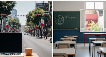 Imagen dividida: una laptop frente a una calle de CDMX con banderas, y un aula vacía con un pizarrón que tiene un balón de fútbol dibujado y una ventana abierta.