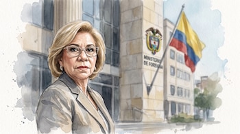 Ilustración de mujer rubia con gafas y blazer beige frente a la fachada de la Cancillería de Colombia con bandera.
