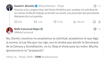 Mafe Carrascal rechazó las afirmaciones de Daniel Briceño sobre el descuento salarial a los congresistas que no asistirán a la posesión presidencial en Cali - crédito @MafeCarrascal/X