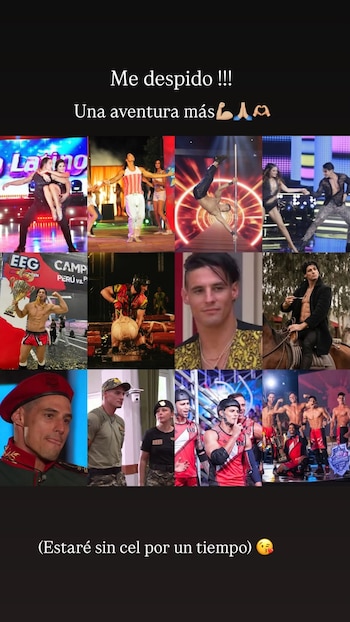 Mosaico de doce fotografías de un hombre en competencias televisivas, acompañado por textos en las partes superior e inferior sobre fondo negro