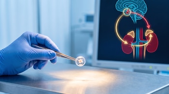 Una mano con guante azul sostiene un pequeño disco transparente con pinzas junto a un monitor con un diagrama del cerebro y los riñones.
