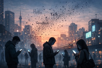 Ilustración de una ciudad crepuscular con rascacielos donde personas miran sus móviles. Palabras y letras como "Hello" y "Goodbye" se desintegran en el cielo.