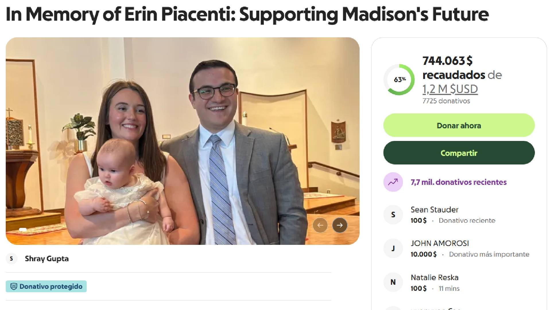 Una campaña en línea en memoria de Erin Piacenti supera los 740.000 dólares en donaciones para apoyar a Madison. (GoFundMe)