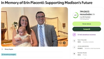 Captura de pantalla de una página de recaudación con una foto de una pareja con un bebé y cifras de donativos