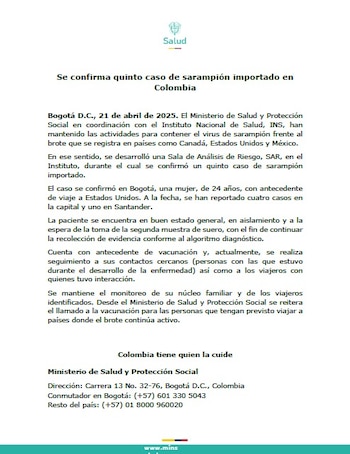 El Ministerio de Salud confirmó un nuevo caso importado y reiteró el llamado a la vacunación. - crédito Ministerio de Salud