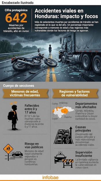Infografía presenta 642 muertes por accidentes viales en Honduras; incluye choque de camión y moto bajo la lluvia, un niño, y un mapa de las regiones más vulnerables.