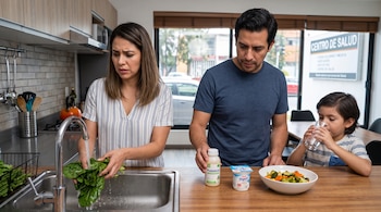 Una mujer lava verduras, un hombre sujeta un probiótico con un yogur y un cuenco de vegetales, y un niño bebe agua. Un cartel de centro de salud se ve al fondo.