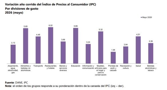 Las divisiones de alimentos y bebidas no alcohólica, restaurantes y hoteles y educación explicaron el comportamiento de la variación del IPC entre enero y mayo de 2026 - crédito Dane