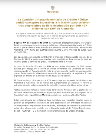 La Comisión Interparlamentaria de Crédito Público emitió conceptos favorables a la Nación para celebrar tres empréstitos de libre destinación por 497 millones de euros con KfW de Alemania - crédito Ministerio de Hacienda