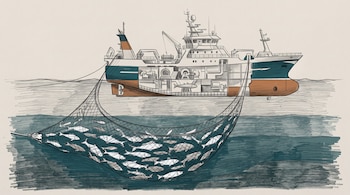Dibujo de un barco pesquero con corte transversal en el casco y una gran red repleta de peces sumergida en el agua.