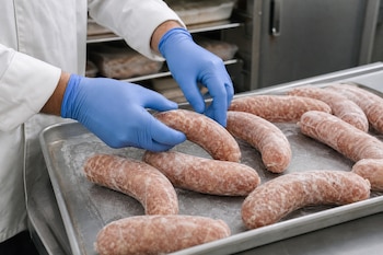 Manos con guantes azules sostienen salchichas crudas dispuestas sobre una bandeja metálica.