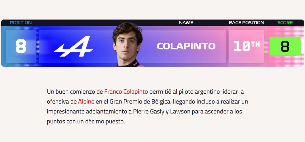 La descripción a Colapinto sobre su labor en Spa-Francorchamps (@F1)