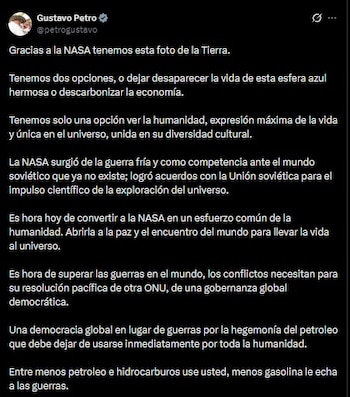 Petro compartió el mensaje pasado el mediodía del sábado 3 de abril de 2026, dos días después del despegue de la misión Artemis II - crédito @petrogustavo/X
