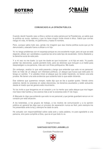 El candidato presidencial aseguró que el caso corresponde a un supuesto ataque con intereses políticos - crédito suministrado a Infobae Colombia