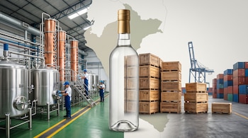 Botella de pisco, planta de producción con alambiques y tanques, tres trabajadores, cajas de madera, contenedores de carga, grúa de puerto, mapa de Perú.