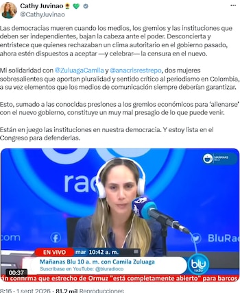 Cathy Juvinao alertó por la independencia de los medios y respaldó a Camila Zuluaga - crédito @CathyJuvinao/X