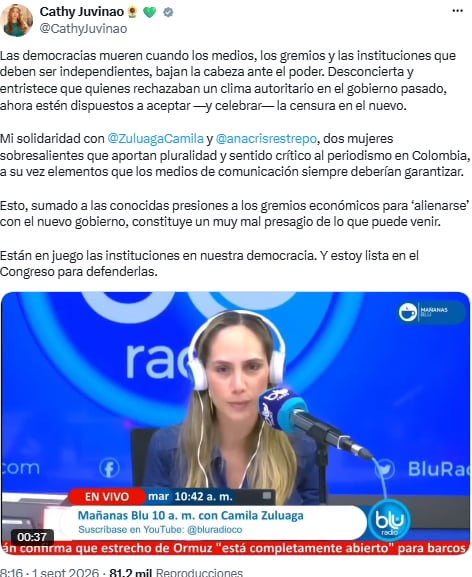 Cathy Juvinao alertó por la independencia de los medios y respaldó a Camila Zuluaga - crédito @CathyJuvinao/X