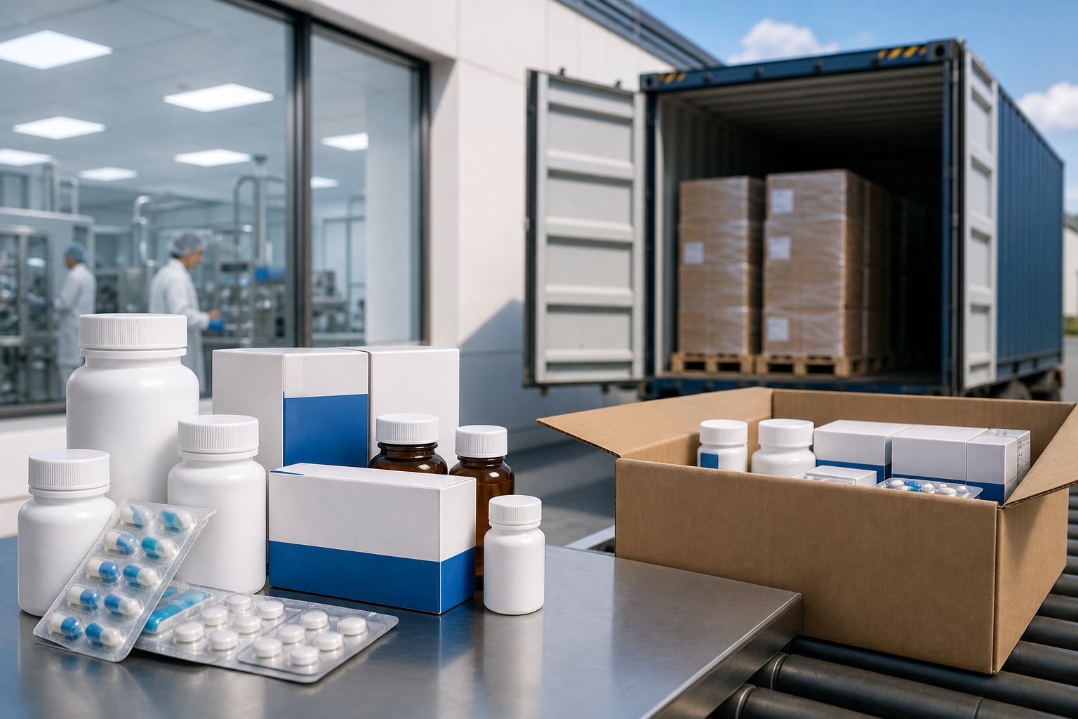 Diversos medicamentos y frascos se preparan junto a un contenedor de carga para la exportación de la industria farmacéutica de El Salvador. (Imagen Ilustrativa Infobae)