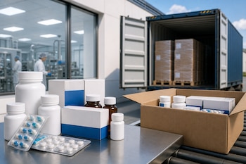 Frascos de medicamentos, blísters y cajas sobre una mesa metálica junto a un contenedor de transporte industrial abierto.
