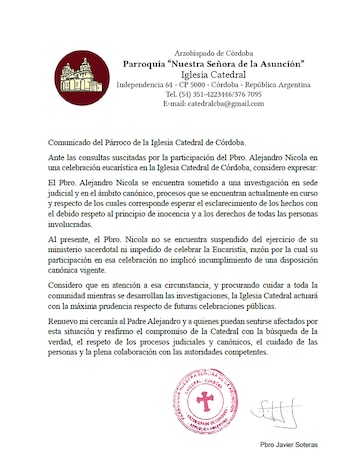 Documento de la Iglesia Catedral de Córdoba con membrete, logo, dirección, teléfono, correo electrónico, texto sobre investigación, sello y firma