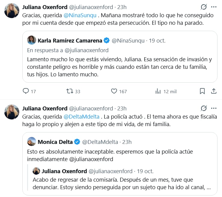 La periodista Juliana Oxenford agradece el respaldo de sus colegas en la red social X tras denunciar ante la Policía Nacional del Perú el acoso de un sujeto.