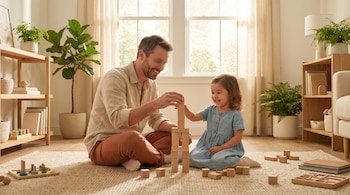 Pai e filha estão sentados no chão, sorrindo, enquanto constroem uma torre de blocos de madeira em uma sala iluminada por luz natural e rodeada de plantas.