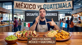 Un hombre frente a una mesa con tacos, guacamole, arroz, guisado, las banderas de México y Guatemala y un letrero de duelo culinario.