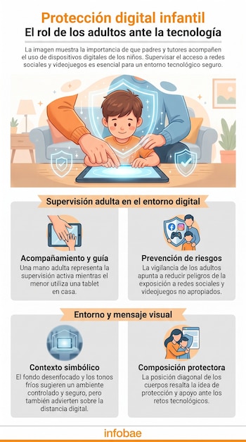 Una mano adulta apoya sobre el hombro de un niño que usa una tablet; en su pantalla hay iconos de redes sociales y videojuegos. Fondo desenfocado.