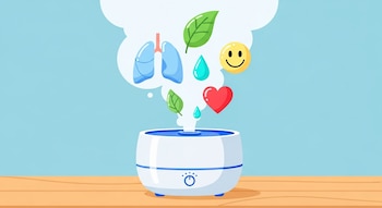 Humidificador blanco y azul sobre mesa de madera que emite vapor con iconos de pulmones, hojas, gotas, corazón y cara sonriente; fondo azul claro.