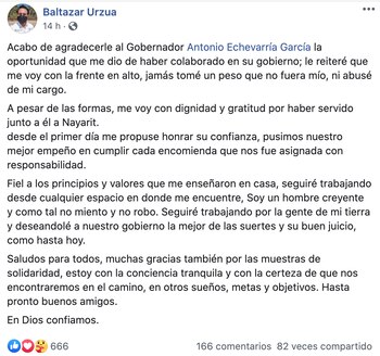 Mensaje de exfuncionario Baltazar Urzua