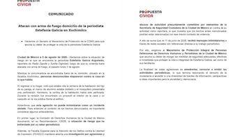Documento con el título Comunicado y logos de Propuesta Cívica, presenta texto sobre el ataque al domicilio de la periodista Estefanía Galicia en Xochimilco