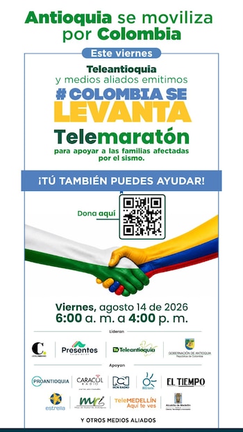‘Colombia se levanta’: la telemaratón que reunirá a artistas y medios para ayudar a las familias afectadas por el terremoto - crédito @gobantioquia/IG