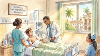 Ilustración de un niño de 10 años en una cama de hospital con vendajes, atendido por un médico y dos enfermeras. Se ve equipo médico y una ventana con palmeras.