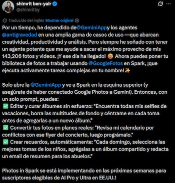Gemini Spark ahora podrá administrar tu biblioteca de Google Fotos.