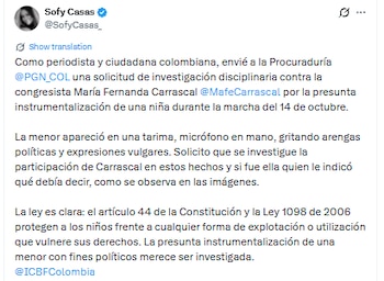 Este fue el mensaje de la ciudadana Sofía Casas sobre la intervención de la menor de edad en una tarima de la Plaza de Bolívar - crédito @SofyCasas_/X