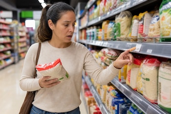 Una mujer sostiene una bolsa de alimento y señala la etiqueta de precio en un estante de supermercado.
