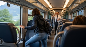 Interior de un tren suizo: una mujer de espaldas, con jeans y sudadera, se asoma por la ventana con vistas a montañas y un lago. Un revisor de pie en el pasillo.