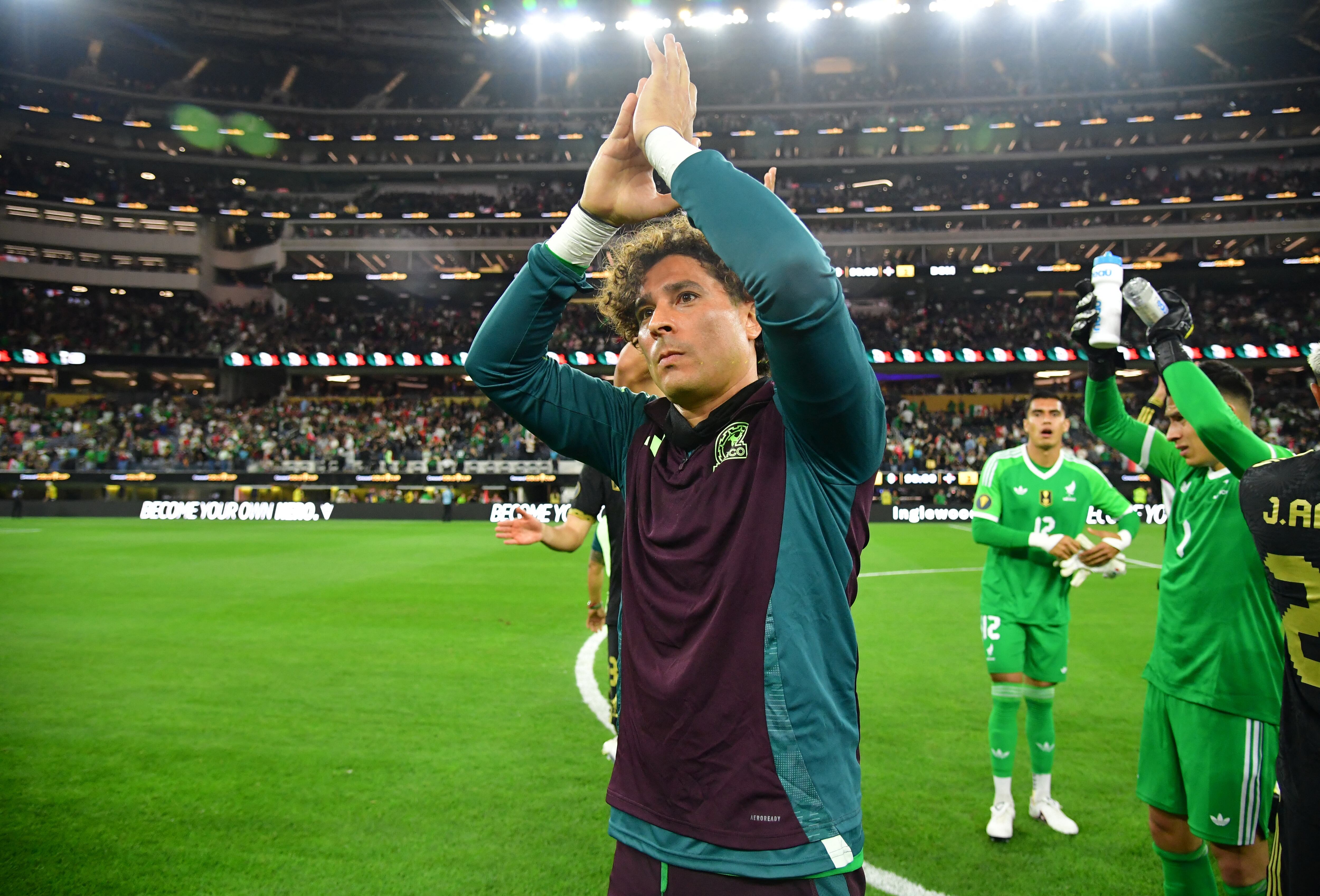 Jun 14, 2025; Inglewood, California, USA; Mexico goalkeeper Guillermo Ochoa (13) claps following a win over the Dominican Republic at SoFi Stadium. Mandatory Credit: Gary A. Vasquez-Imagn Images