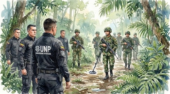 Pintura acuarela de escoltas de la UNP con uniformes negros y soldados del Ejército con uniformes camuflados, frente a frente en un entorno de jungla, uno de los soldados sostiene un detector de metales.
