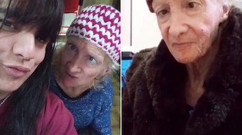Díptico de fotografías. Izquierda: mujer de cabello oscuro y persona con gorro rosado y blanco. Derecha: primer plano de rostro de persona mayor con gorro oscuro.