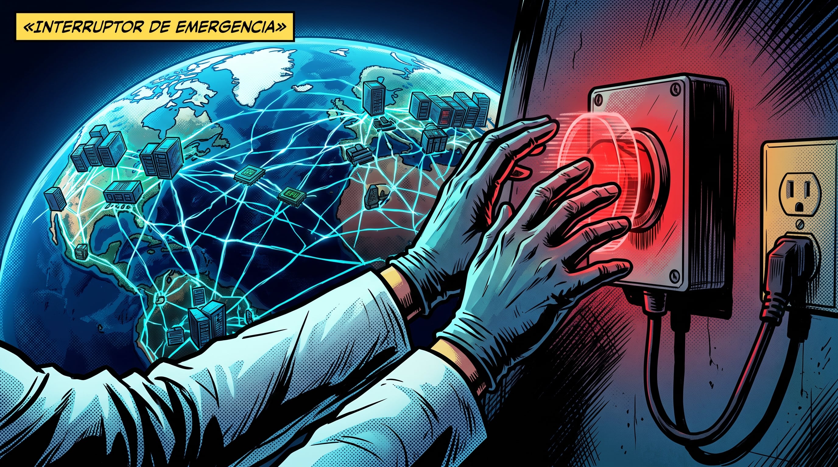 Un investigador intenta presionar un botón de emergencia holográfico desconectado frente a un planeta Tierra cubierto por servidores interconectados. (Imagen Ilustrativa Infobae)