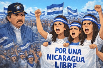 Ortega molesto, izquierda. Jóvenes con bandas y puños alzados, sostienen "POR UNA NICARAGUA LIBRE". Banderas.