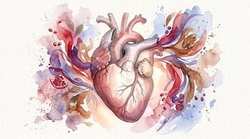 Dibujo de un corazón humano rodeado por manchas de acuarela, semillas de granada, frutos rojos, hojas y una nuez sobre fondo claro.