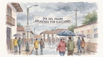 Ilustración en acuarela de una calle con personas caminando bajo paraguas. Un letrero grande dice "DÍA DEL PADRE APLAZADO POR ELECCIONES".