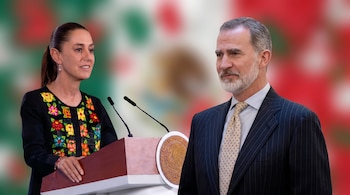Claudia Sheinbaum de frente en un pódium con micrófono, el Rey Felipe VI en un traje con corbata, ambos frente a un fondo difuminado tricolor.