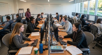 Vista de una sala de universidad con mesas largas y múltiples estudiantes sentados, cada uno frente a un monitor y teclado. Libros y bebidas están en las mesas.