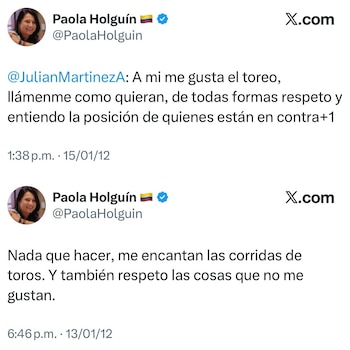 Esmeralda Hernández recordó las publicaciones de Twitter de Paola Holguín en defensa de las corridas de toros - crédito @PaolaHolguin/X